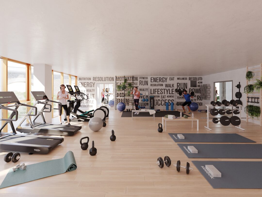 Un rendu 3D de l’espace de la salle de sport avec divers équipements de gym